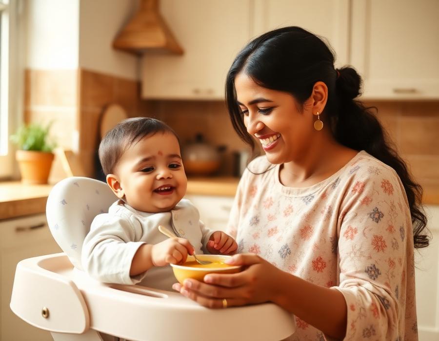 Indian mother happily feeding homemade puree to her smiling baby in a high chair