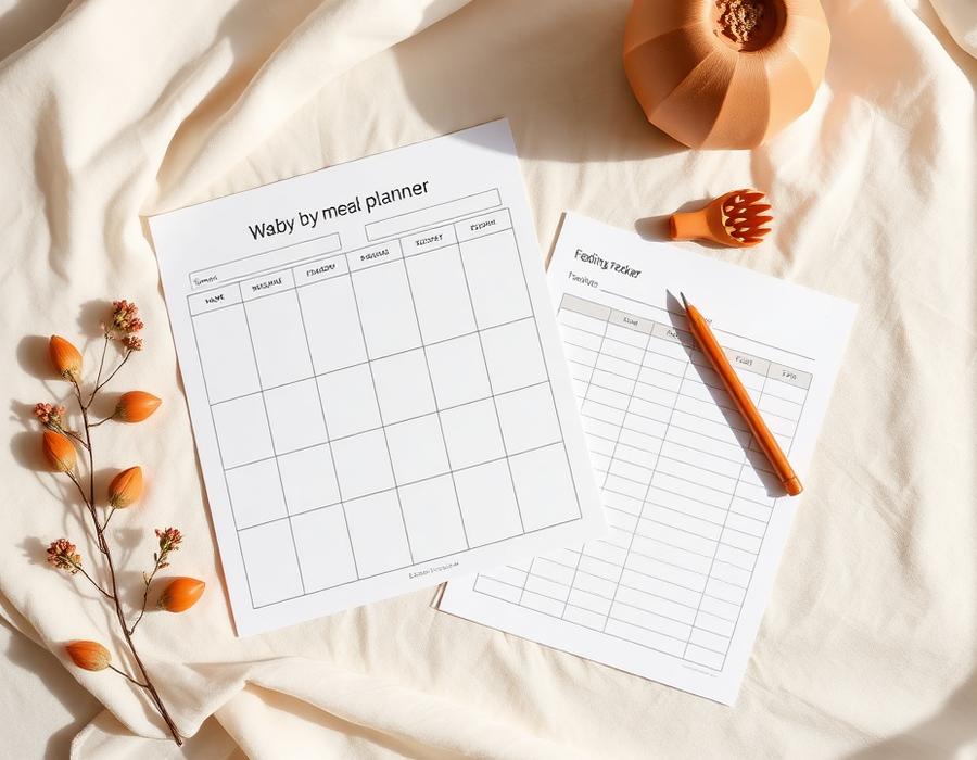Printed weekly baby meal planner chart and feeding tracker sheet with a pen
