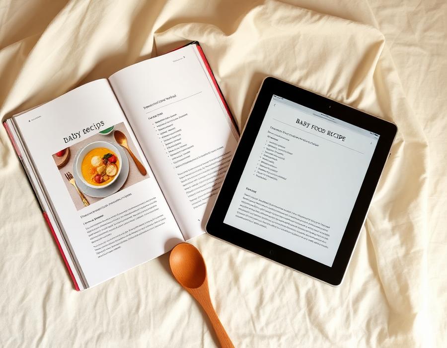 Open baby food recipe book beside a tablet showing the same digital recipe page