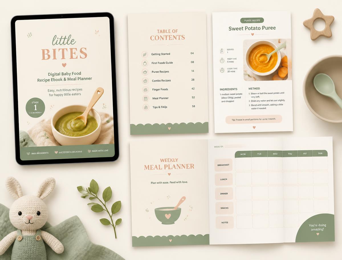 TinyFoodDiary recipe ebook, meal planner and feeding tracker pages