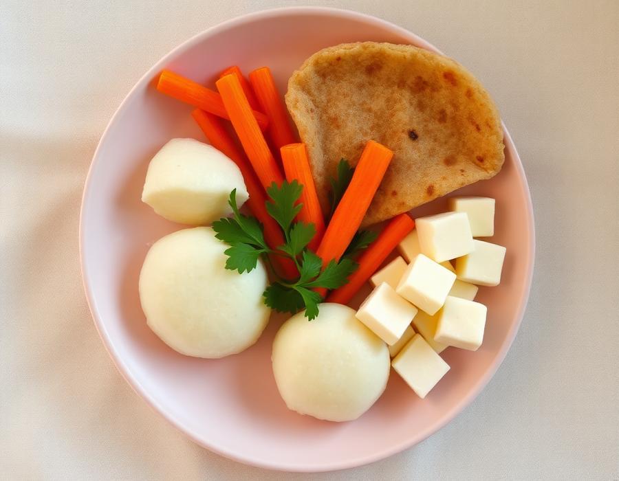 Idli pieces, mini paratha, steamed carrot sticks and paneer cubes on a plate for a 10 to 12 month old baby