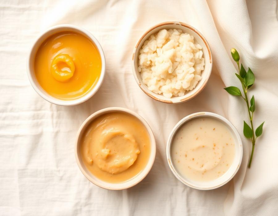 Smooth apple puree, rice porridge and dal water in pastel bowls for a 6 to 8 month old baby