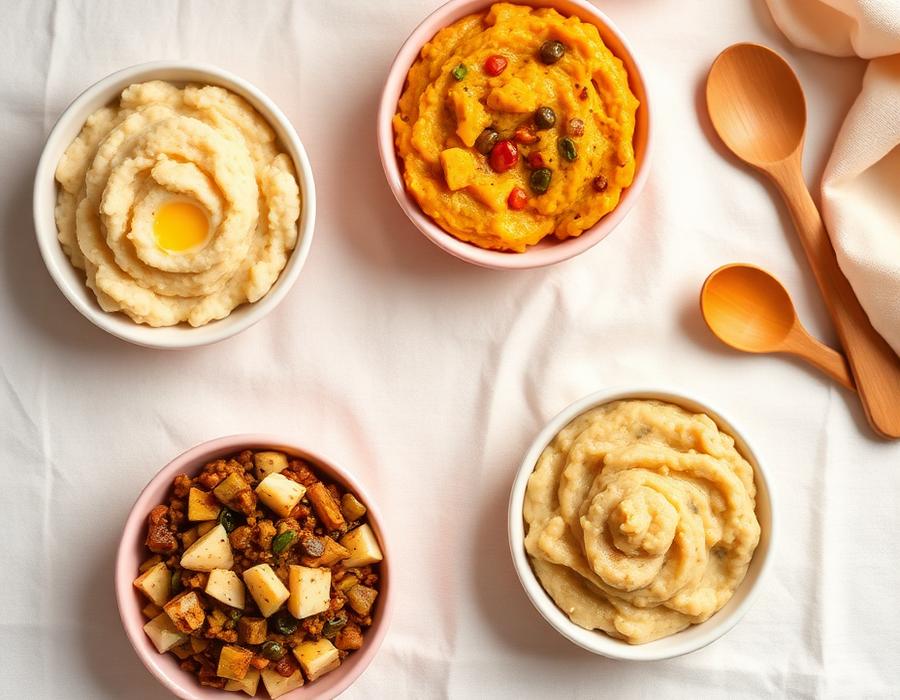 Soft khichdi, mashed vegetables and ragi porridge in pastel bowls for an 8 to 10 month old baby